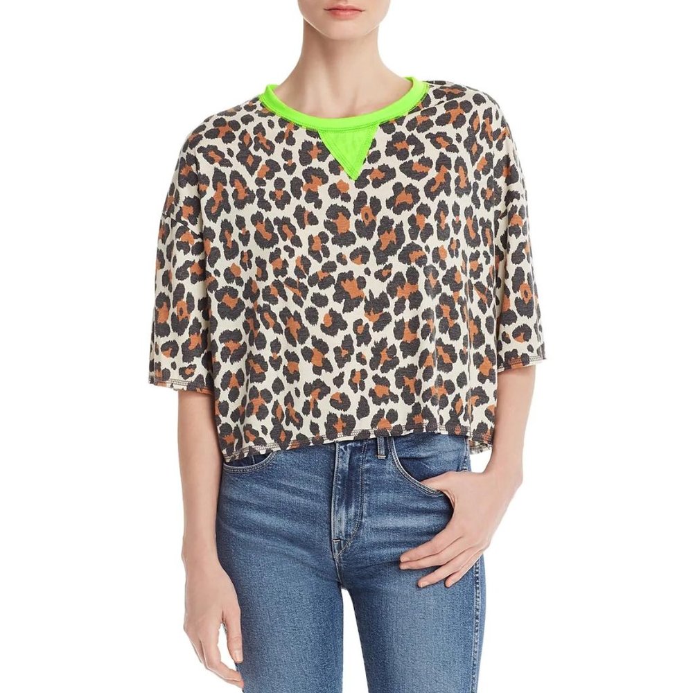 Vintage Havana Womens Ringer Boxy Crop Top, Leopard, Small
